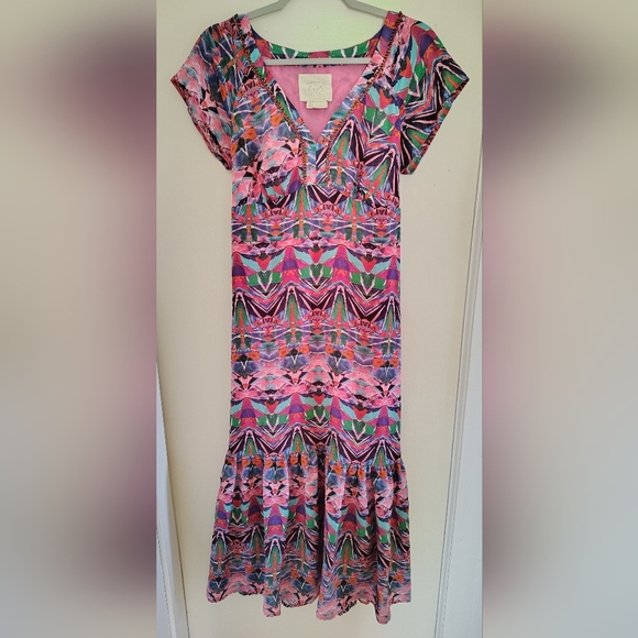 Anthropologie Vanessa Virginia Pink Tiered Boho Beaded Ruffle Mural Maxi Dress 8 - Picture 2 of 9